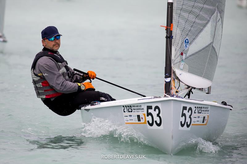 Matouš Cervenka, CZE on day 2 at the Open and U23 Finn Europeans in Csopak, Hungary photo copyright Robert Deaves / www.robertdeaves.uk taken at Procelero Sportegyesület and featuring the Finn class