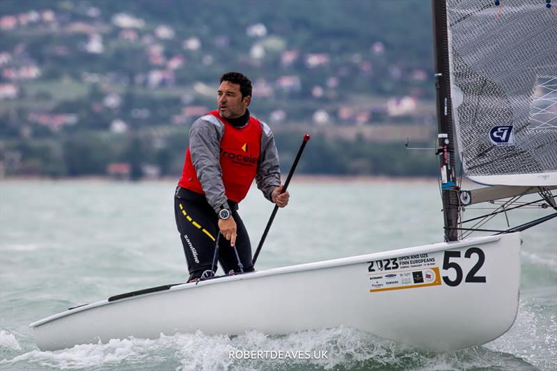 Filipe Silva, POR on day 4 of the 2023 Open and U23 Finn Europeans in Csopak, Hungary photo copyright Robert Deaves / www.robertdeaves.uk taken at Procelero Sportegyesület and featuring the Finn class