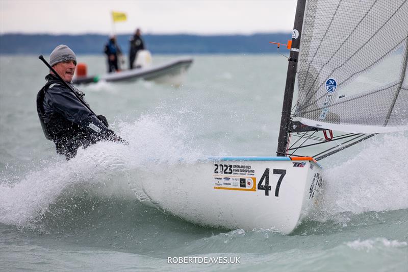 Laurent Chapuis, SUI on day 4 of the 2023 Open and U23 Finn Europeans in Csopak, Hungary photo copyright Robert Deaves / www.robertdeaves.uk taken at Procelero Sportegyesület and featuring the Finn class