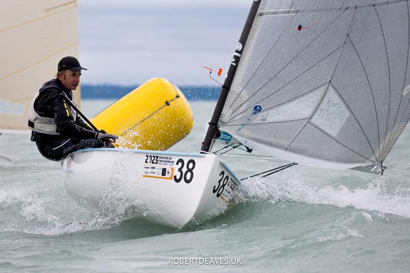 Michel Audoin, FRA on day 4 of the 2023 Open and U23 Finn Europeans in Csopak, Hungary photo copyright Robert Deaves / www.robertdeaves.uk taken at Procelero Sportegyesület and featuring the Finn class