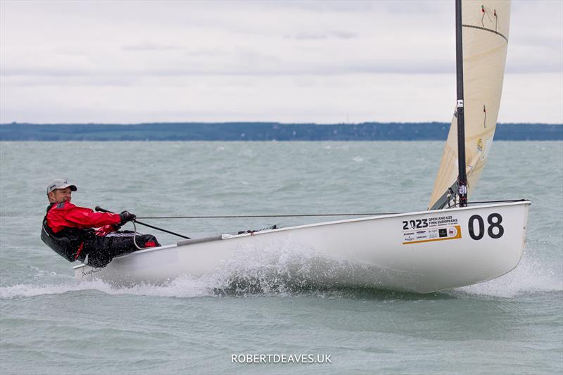 Hartwig Gfreiner, AUT on day 4 of the 2023 Open and U23 Finn Europeans in Csopak, Hungary photo copyright Robert Deaves / www.robertdeaves.uk taken at Procelero Sportegyesület and featuring the Finn class