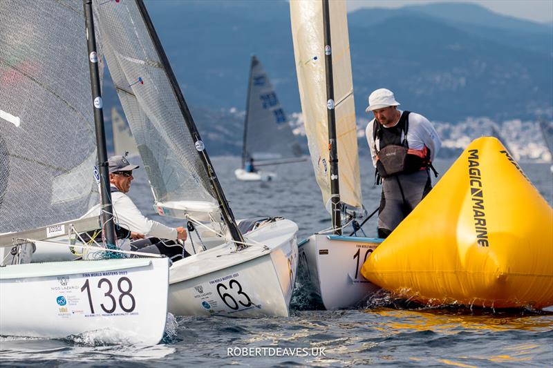 A lot of current at the top mark - Day 2 of the 2023 Finn World Masters in Greece - photo © Robert Deaves / www.robertdeaves.uk