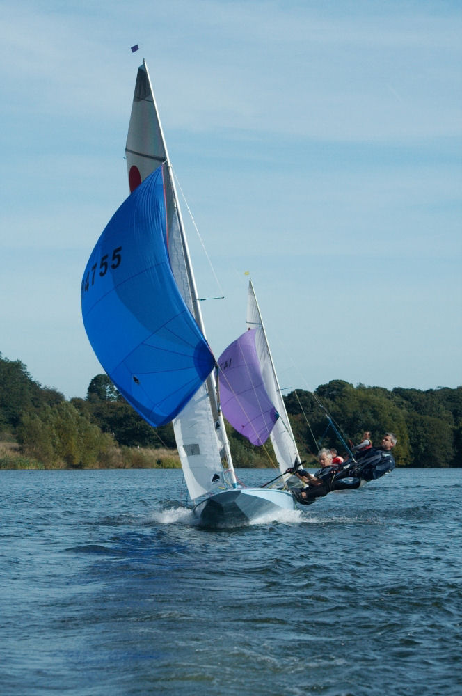 Dave & Ben Raynor leading Damian Abbatt & Johnny Limebear during the West Riding Fireball open photo copyright Helen McQuire taken at West Riding Sailing Club and featuring the Fireball class