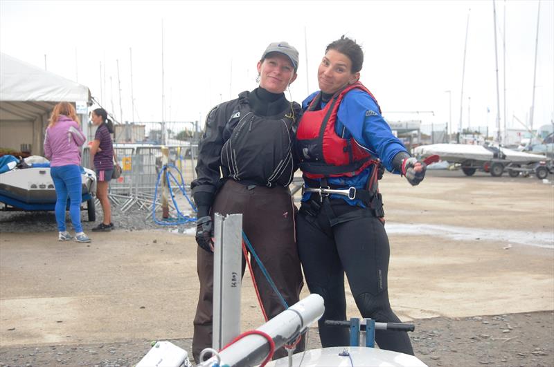 Despite a broken mast Kla'ra Janderova and Micaela Burdova are still smiling at the Gul UK Fireball Nationals photo copyright David Henshall taken at Plas Heli Welsh National Sailing Academy and featuring the Fireball class