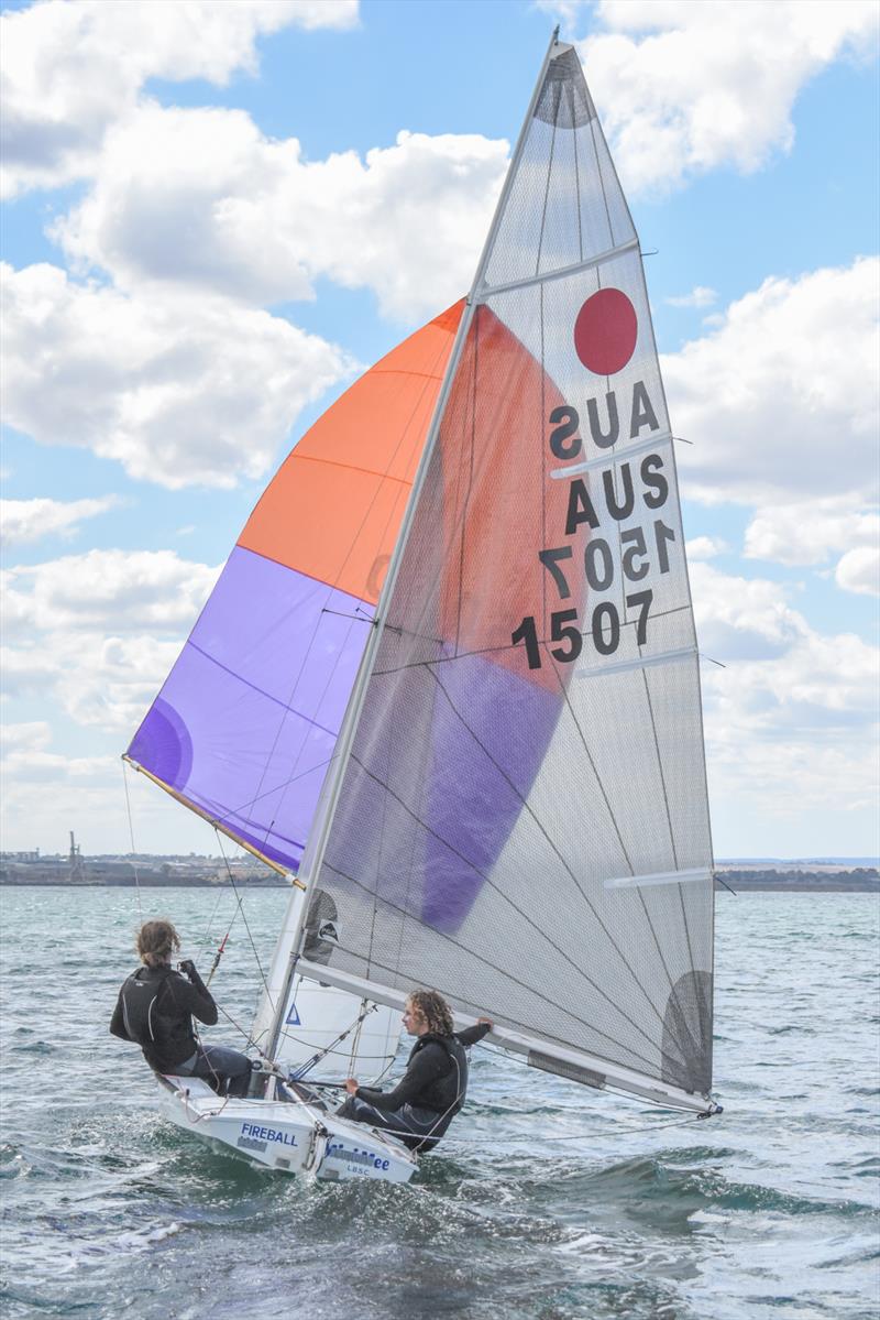 Alex Higgins and Joal Mackenzie nearly won Race 9 until a breakage in the 2019 Australian Fireball Nationals photo copyright Harry Fisher taken at Royal Geelong Yacht Club and featuring the Fireball class