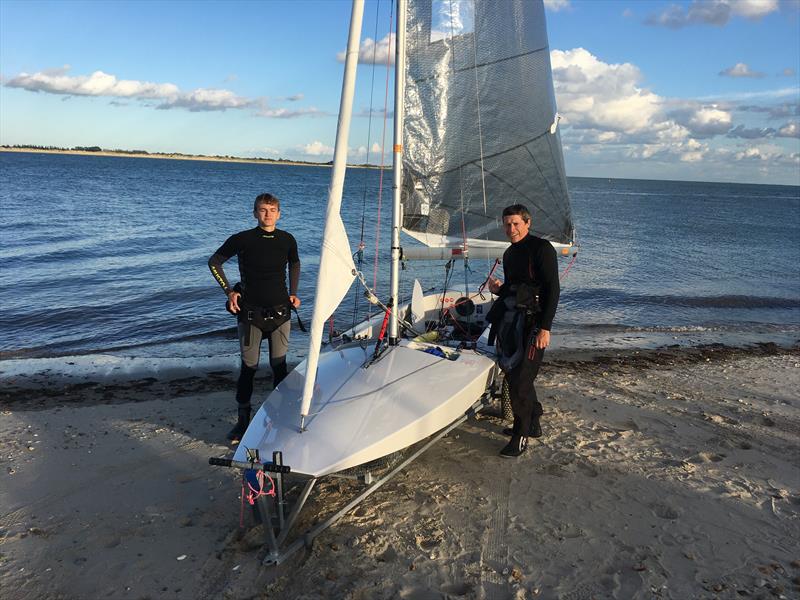 The calm before the storm... Steve & Tom Goacher ahead of the 2021 Gul Fireball UK Nationals photo copyright Derian Scott taken at Hayling Island Sailing Club and featuring the Fireball class