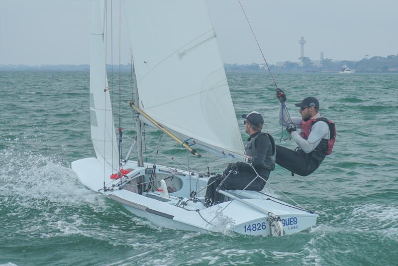 Adam Common and Heath Belton on day 2 of the Australian Fireball Nationals photo copyright Jordan Roberts taken at Royal Geelong Yacht Club and featuring the Fireball class