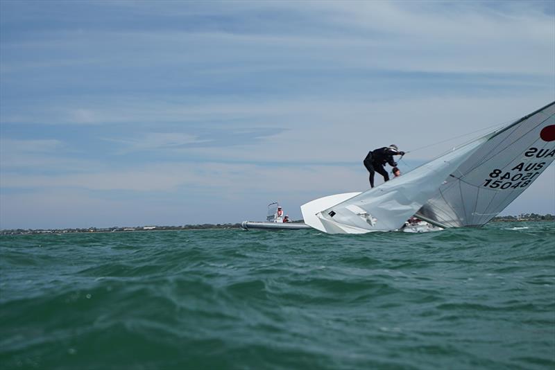 Heather Macfarlane and Chris Payne capsized during yesterday's racing - 2019 Australian Fireball Nationals photo copyright Jordan Roberts taken at Royal Geelong Yacht Club and featuring the Fireball class