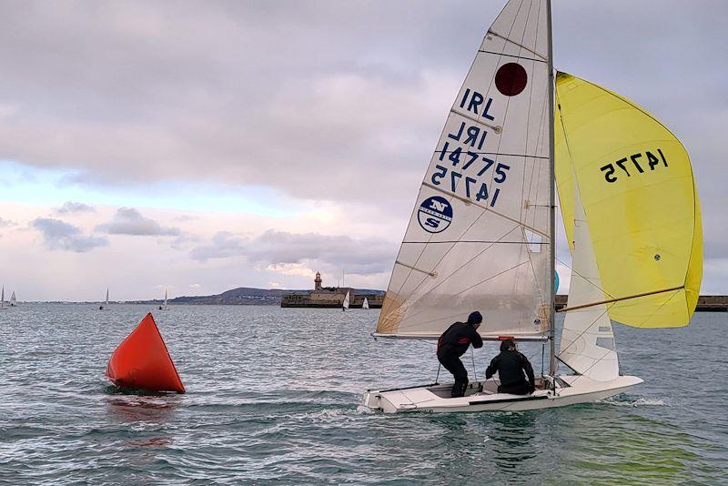 Neil Colin & Margaret Casey round the gybe mark in Race 1 - Viking Marine DMYC Frostbite Series 2 begins on New Year's Day photo copyright Ian Cutliffe taken at Dun Laoghaire Motor Yacht Club and featuring the Fireball class