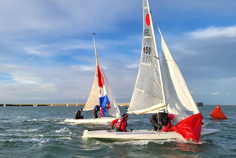 Gybe mark action with Miller & Cramer (inside boat) and McKenna & O'Keeffe - Viking Marine DMYC Frostbite Series 2 day 2 photo copyright Ian Cutliffe taken at Dun Laoghaire Motor Yacht Club and featuring the Fireball class