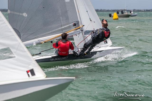Phil Peverell and Bruce Shand taking off at the start of race 1, having threaded the needle through gaps to start at full speed - Fireball State Titles at Royal Geelong  Yacht Club - photo © Tom Smeaton