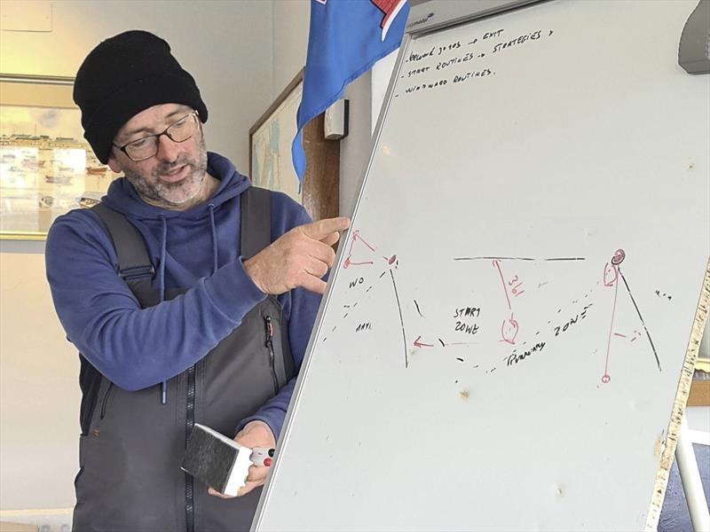 Thomas Chaix of Dinghy Performance during a briefing about approaches to the start line during the Fireball Open at Dun Laoghaire photo copyright Frank Miller taken at Dun Laoghaire Motor Yacht Club and featuring the Fireball class