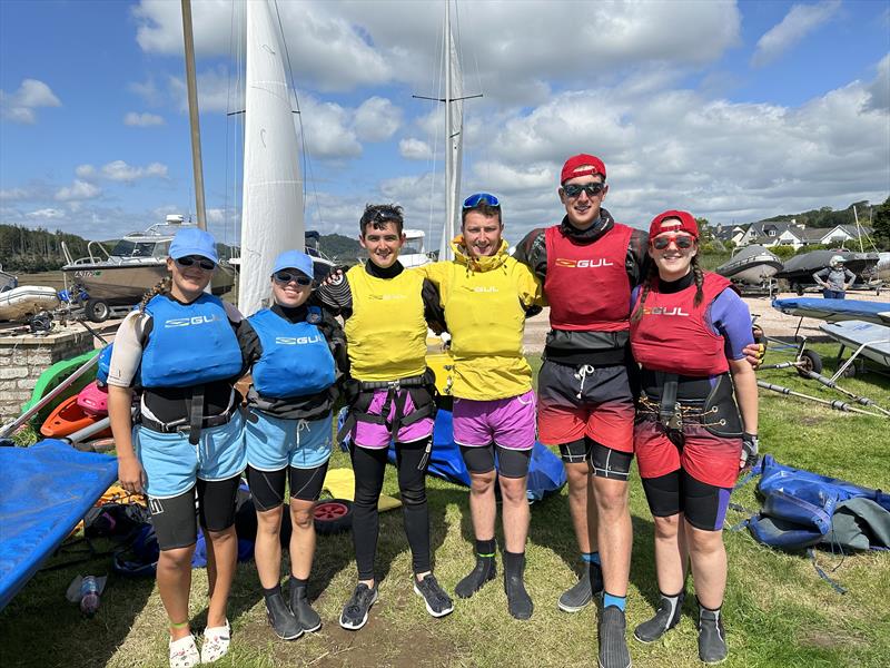 Kippford Week 2023 - Kippford Week's blue, yellow and red Fireball stars, Ellie Rowand, Lilli Bell, James Howie, Jack Jardine, James Bishop and Alex Lammie - photo © Anne-Marie Williams