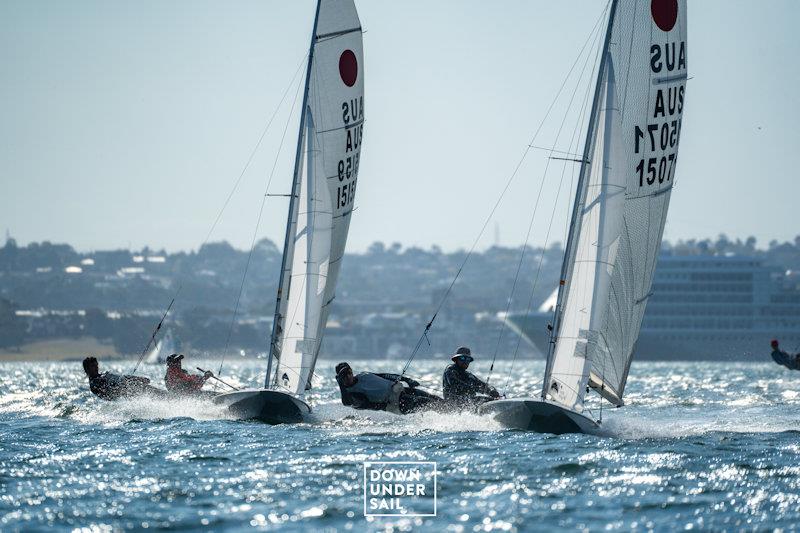 Ben Schulz and Angus Higgins (left) alongside Tom Gordon and Jack Fletcher (right) heading into the windward mark - Fireball Worlds at Geelong day 1 photo copyright Alex Dare, Down Under Sail taken at Royal Geelong Yacht Club and featuring the Fireball class