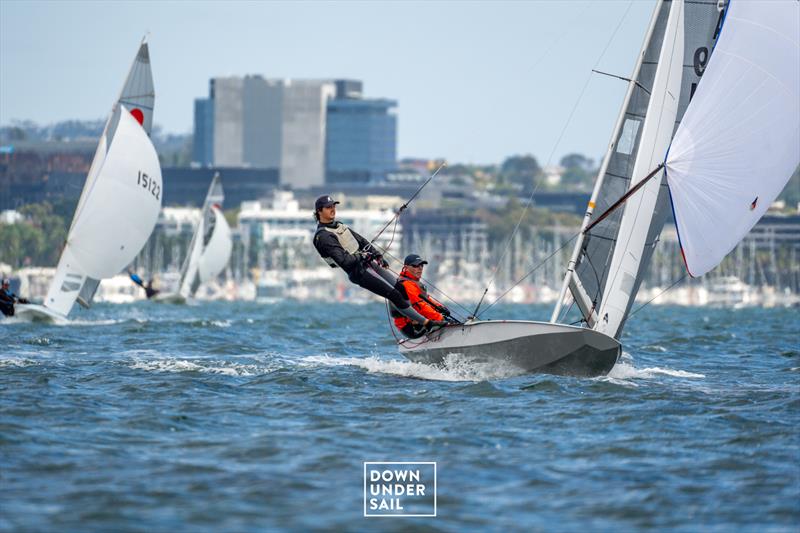 Ben Schulz and Angus Higgins sailing Riptide are currently in fourth overall - Fireball Worlds at Geelong day 4 photo copyright Alex Dare, Down Under Sail taken at Royal Geelong Yacht Club and featuring the Fireball class