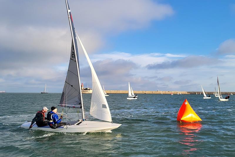 Frank Miller and Neil Cramer negotiate the first weather mark - Viking Marine Dun Laoghaire Frostbites week 1 photo copyright Ian Cutliffe taken at Dun Laoghaire Motor Yacht Club and featuring the Fireball class