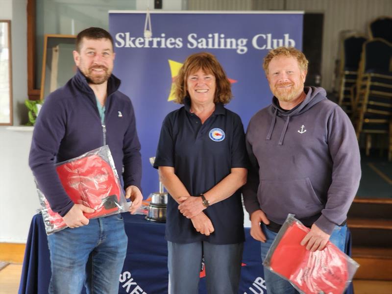 Alan Stamp and Alan Henry, 2nd in the silver fleet, with Berney Grogan, sailing secretary Skerries SC (centre) in the Fireball Leinster Championship at Skerries photo copyright Frank Miller taken at Skerries Sailing Club and featuring the Fireball class
