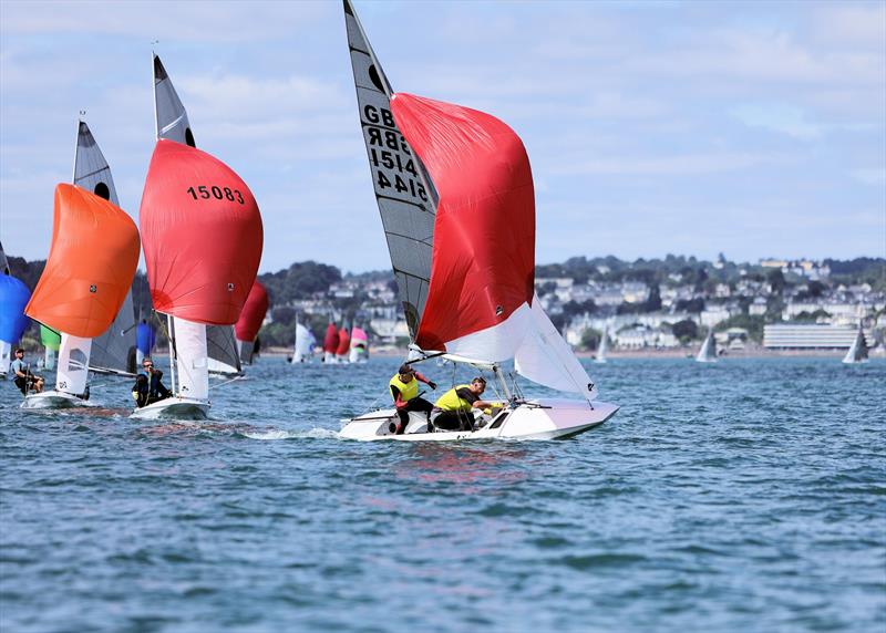 DJ Edwards and Vyv Townend mid-gybe on Day 2 of the 2026 Fireball World Championship at the Royal Torbay Yacht Club - photo © Mark Jardine