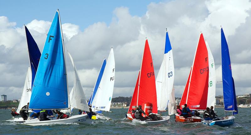 Firefly fleet mark rounding on Sunday during the University Fleet Racing Championships photo copyright Sean Clarkson taken at Mount Batten Centre for Watersports and featuring the Firefly class