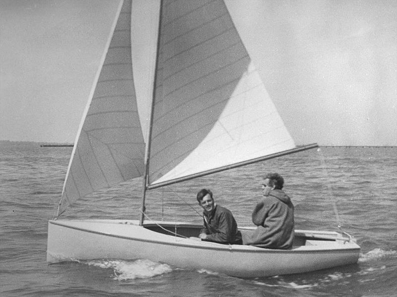 Charles Currey crewing for designer Uffa Fox on the first ever test sail of a Firefly (it didn't last long – the mast fell down)! Charles would spend the winter sailing the boat singlehanded, wearing nothing more nautical than a duffel coat - photo © Henshall