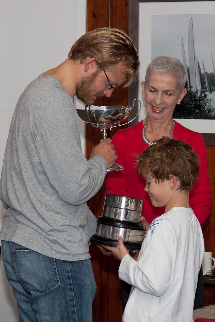 Vera Smith presents winners Angus and Arthur Cook with the trophy at the Upper Thames Firefly open photo copyright Tony Ketley taken at Upper Thames Sailing Club and featuring the Firefly class