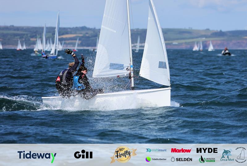 Angus Cook and Lucie Hopkins in F3695 ‘Officer Dibble' celebrate 3rd on Day 1 of the 80th Anniversary Firefly Nationals at Tenby - photo © Mark Jardine