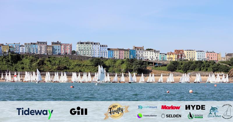 The massive fleet launches from the beach on Day 1 of the 80th Anniversary Firefly Nationals at Tenby - photo © Mark Jardine