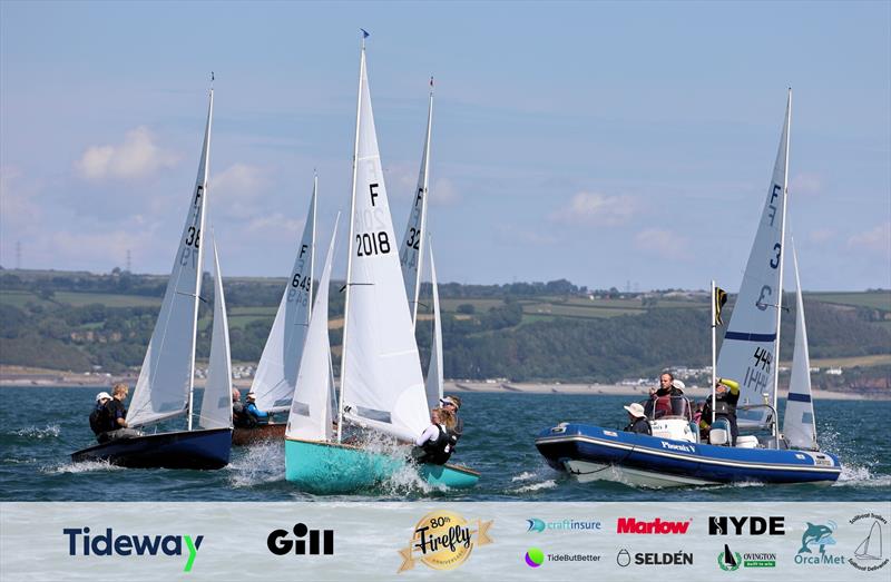 Paul Kameen and Evie Snedker in F2018 ‘Buffalo Biscuit' are the pathfinder in the Practice Race on Day 1 of the 80th Anniversary Firefly Nationals at Tenby - photo © Mark Jardine