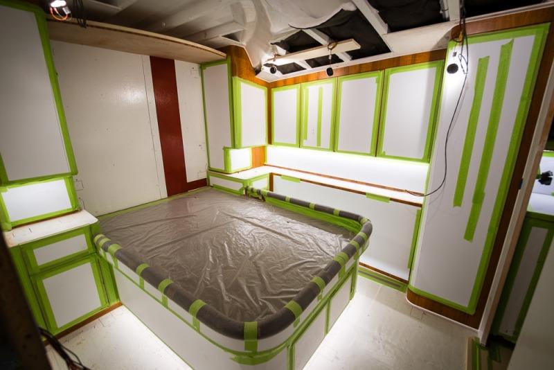 VIP stateroom, with installed cabinetry and overhead lights - photo © Bayliss Boatworks