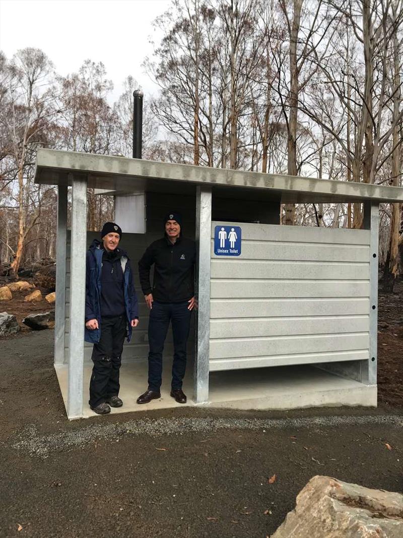 PICTURE:The Minister for Inland Fisheries, Hon. Guy Barnett inspects the new toilet facilities at Penstock Lagoon boat ramp - photo © I.F.S