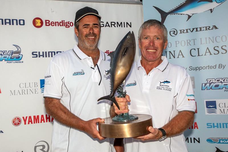 Riviera Port Lincoln Tuna Classic Calcutta winner Craig Kelsh (left) with overall winner Ian Montgomery at the trophy presentation ceremony - photo © Riviera Studio