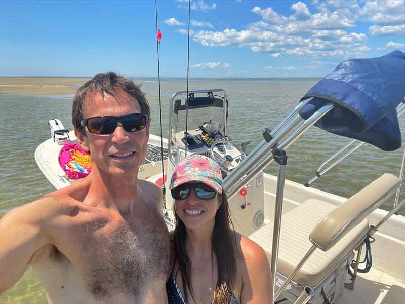 Chris (left) and Jeanne-Marie (right) with their boat in the Outer Banks of North Carolina photo copyright Wavve Boating taken at  and featuring the Fishing boat class