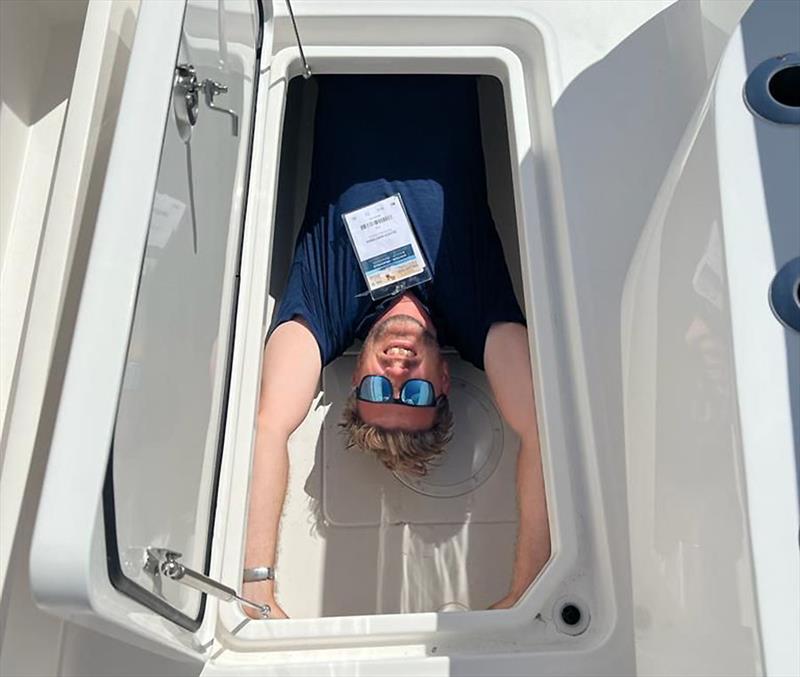 This is Invincible's Oliver Huntsman in one of the fish wells aboard the Invincible 37 powercat - N.B. Oliver is six foot five in the old language - just shy of 2m! - photo © Invincible Boats