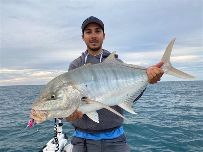 Staff member Dane with a school sized bay golden which took a liking to the Pro-lure clone prawn 92mm - photo © Fisho's Tackle World