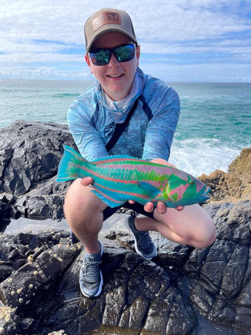 Ben Lineburg with a beautiful wrasse from one of Frasers headlands. Just one example of the spectacular bi-catch possible whilst fishing the rocks photo copyright Fisho's Tackle World taken at  and featuring the Fishing boat class