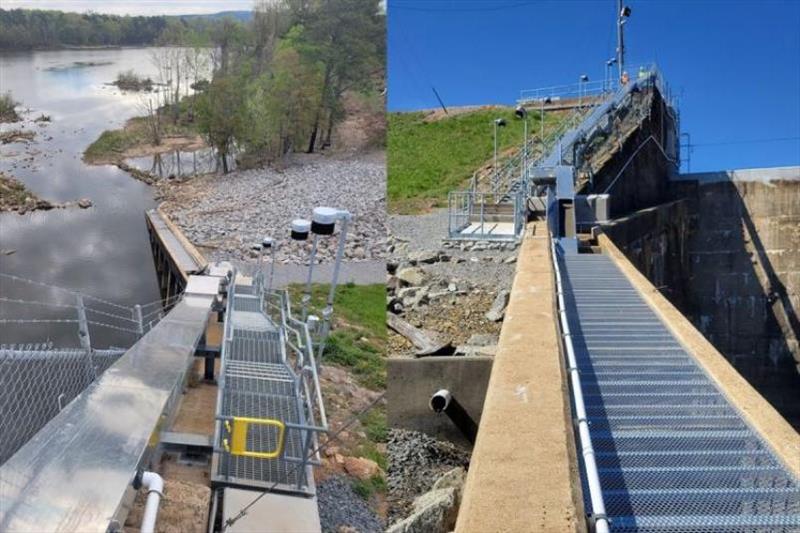 Left: View from the top of the Blewett Falls Dam eelway. The ramp is lined with a special material, and angled to allow eels to climb 95 feet to the top of the dam. Eelway is also covered to prevent predation by other wildlife. Right: The permanent eelway - photo © Justin Dycus / Duke Energy