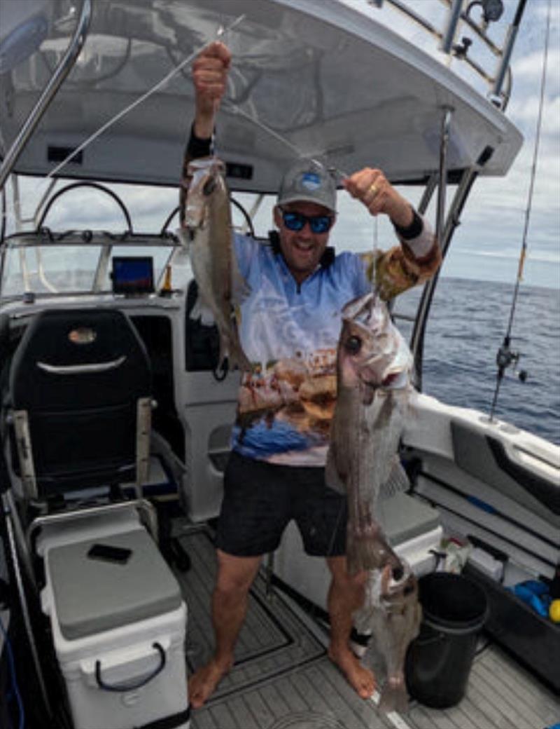 Kyle Leaver with a triple hook up of tasty pearl perch on the deep drop gear photo copyright Fisho's Tackle World taken at  and featuring the Fishing boat class