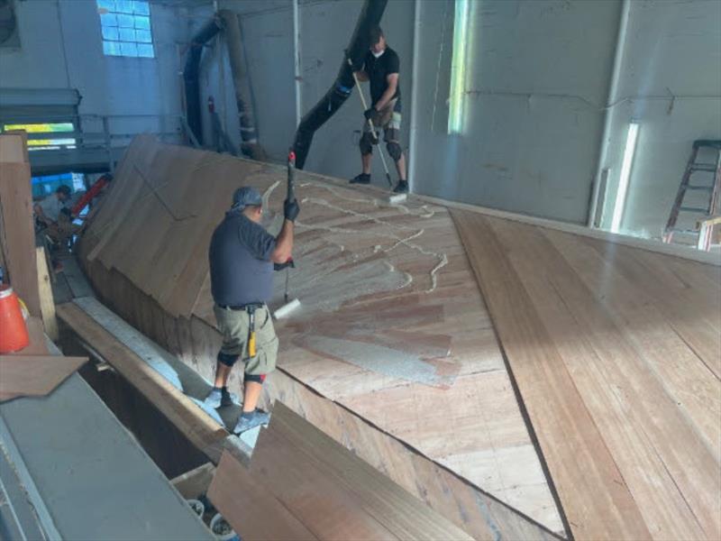 Hull #11 - 3rd bottom layer going on photo copyright Michael Rybovich & Sons taken at  and featuring the Fishing boat class