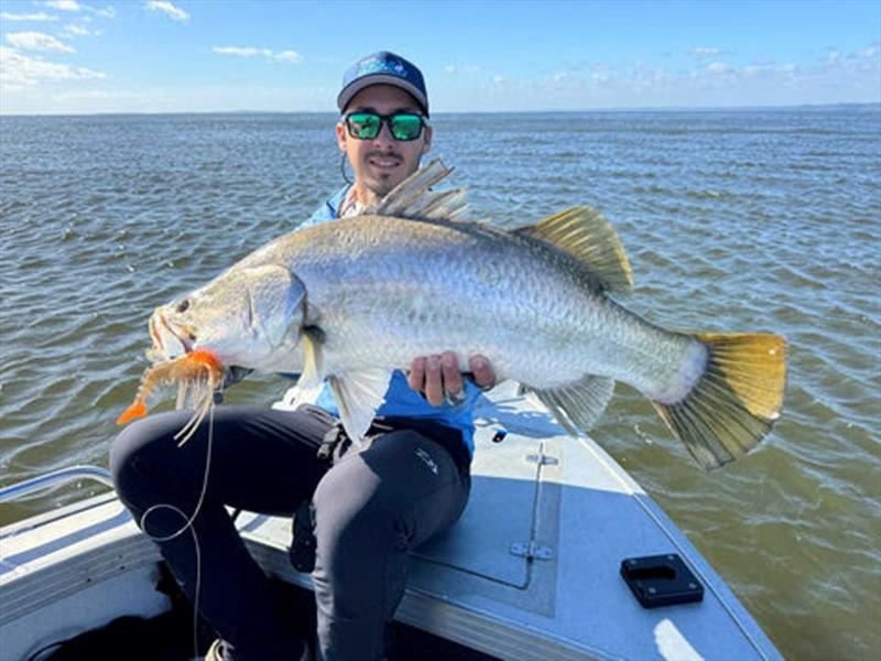Dane tested the large King Brown Killer Prawn lure on the local barra population and came up trumps with this beauty photo copyright Fisho's Tackle World taken at  and featuring the Fishing boat class
