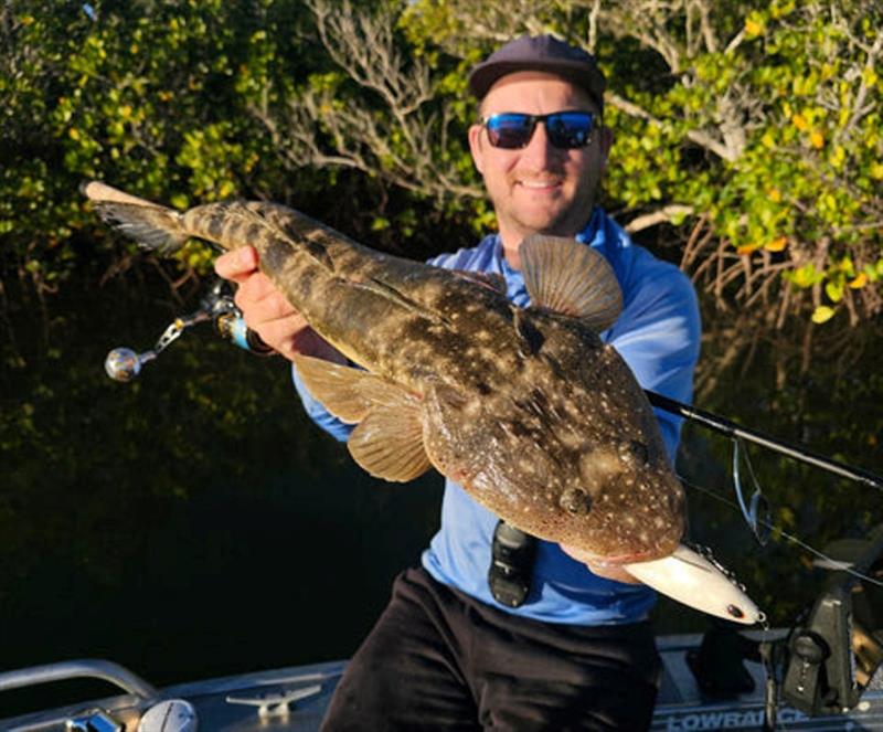 Staff member, Jacko, fooled this fine flattie with the Powerbait Nessie 7-inch soft glide bait. The 5 inch is in stock now too, which will be a flatty special - photo © Fisho's Tackle World