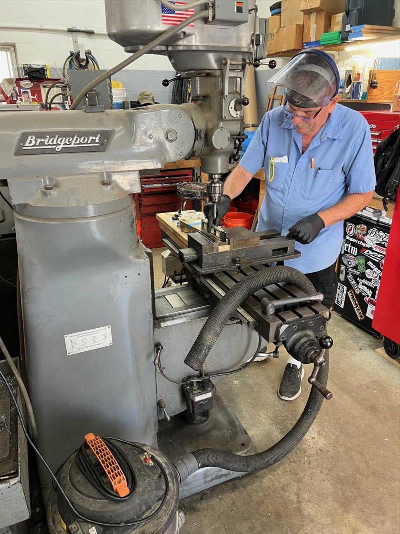 Hull #9 - Brian D milling new tiller arms - photo © Michael Rybovich & Sons