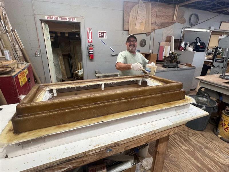 Hull #11 - John S fabricating rope locker hatch combing - photo © Michael Rybovich & Sons
