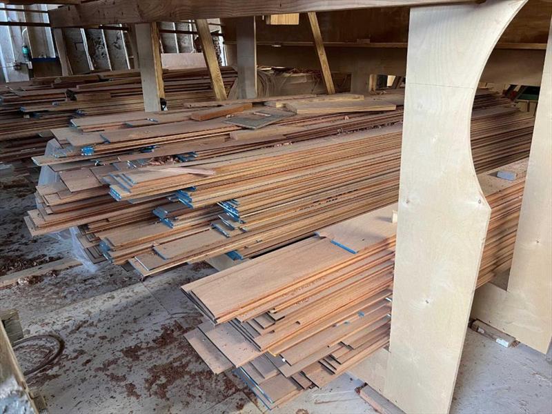 Hull #12 - Mahogany planking ready to go - photo © Michael Rybovich & Sons