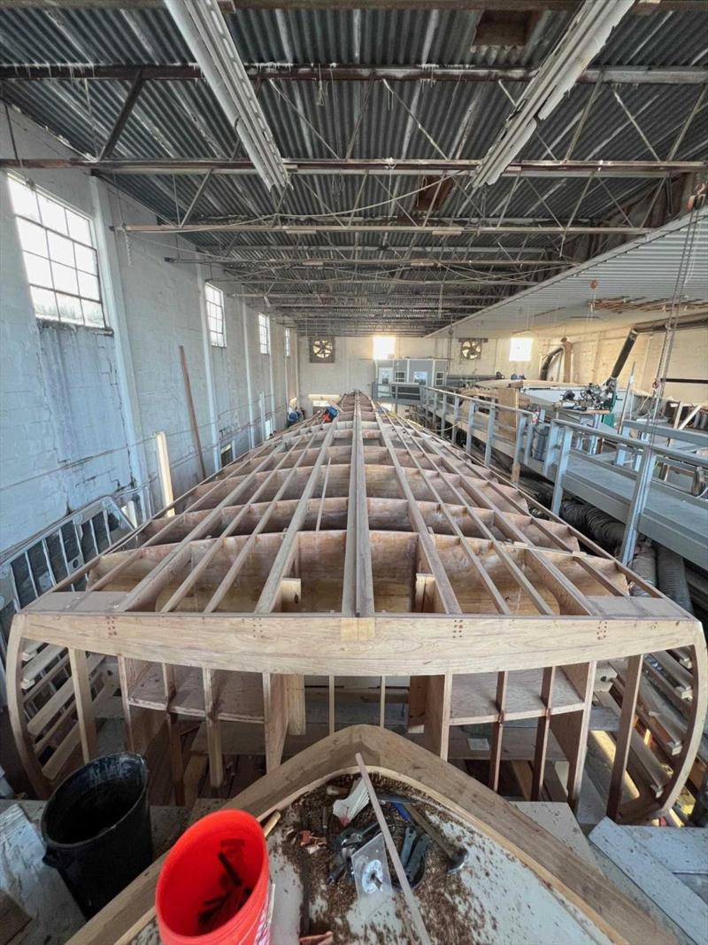 Hull #12 - Bottom framing complete - photo © Michael Rybovich & Sons