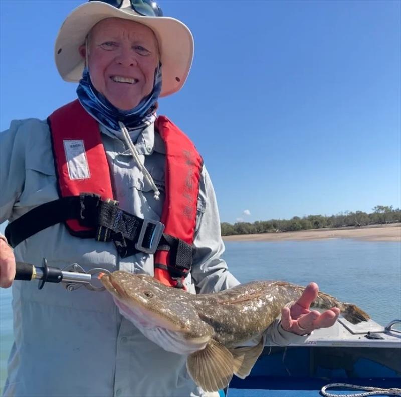 Jacko's advice helped Graydon catch this over-sized 77cm flathead on the new Nomad Switcher Shrimp. Hug pending ... photo copyright Fisho's Tackle World Hervey Bay taken at  and featuring the Fishing boat class