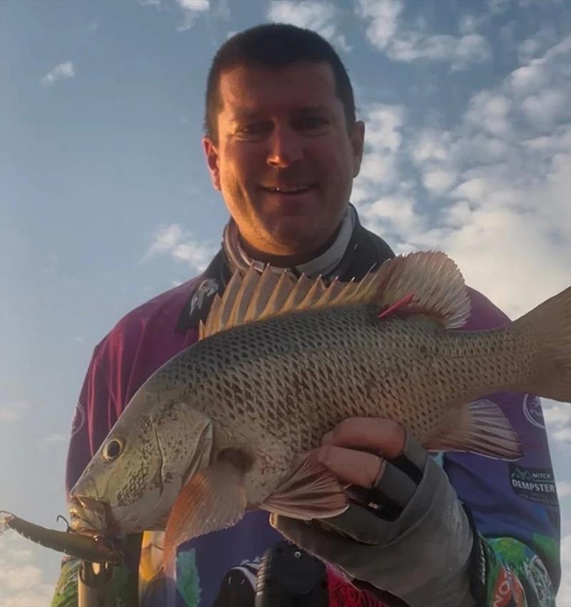 Ryan with a tagged mangrove jack on an MMD Splash Prawn. It's jack time fishos, so get out there and into them photo copyright Fisho's Tackle World Hervey Bay taken at  and featuring the Fishing boat class