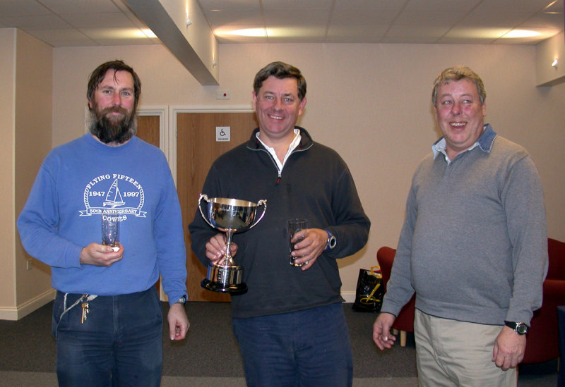 The Andersen Trophy is presented to Charles Apthorp (centre) and Adrian Simpson (left) by Vice Commodore Mike Rogers (right) photo copyright Brian Holloway taken at Datchet Water Sailing Club and featuring the Flying Fifteen class