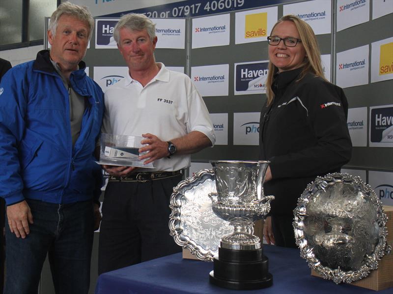 Bob Alexander & Huw Willetts (left) are presented with the Flying Fifteen class trophy by Kate Moss at the International Paint Poole Regatta prize giving - photo © Mark Jardine