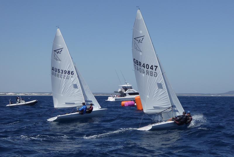 Alan Bax & Simon Childs (4047) pip the Jerwoods on the line on day 2 of the Australian Flying Fifteen Championship photo copyright Jonny Fullerton taken at Esperance Bay Yacht Club and featuring the Flying Fifteen class