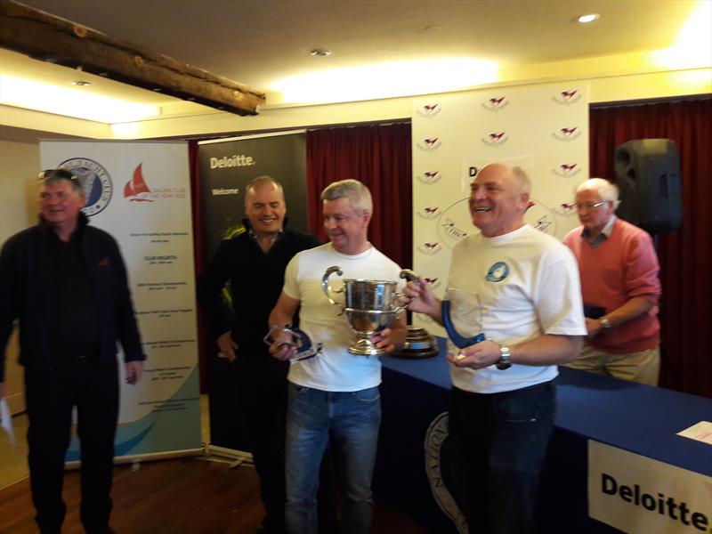 Irish Flying Fifteen Nationals (l-r) Mick Quinn, DL Flying Fifteen Class Captain,  Dave Dalton, Deloitte, Dave Gorman, winning helm & Chris Doorly, winning crew photo copyright Cormac Bradley taken at  and featuring the Flying Fifteen class